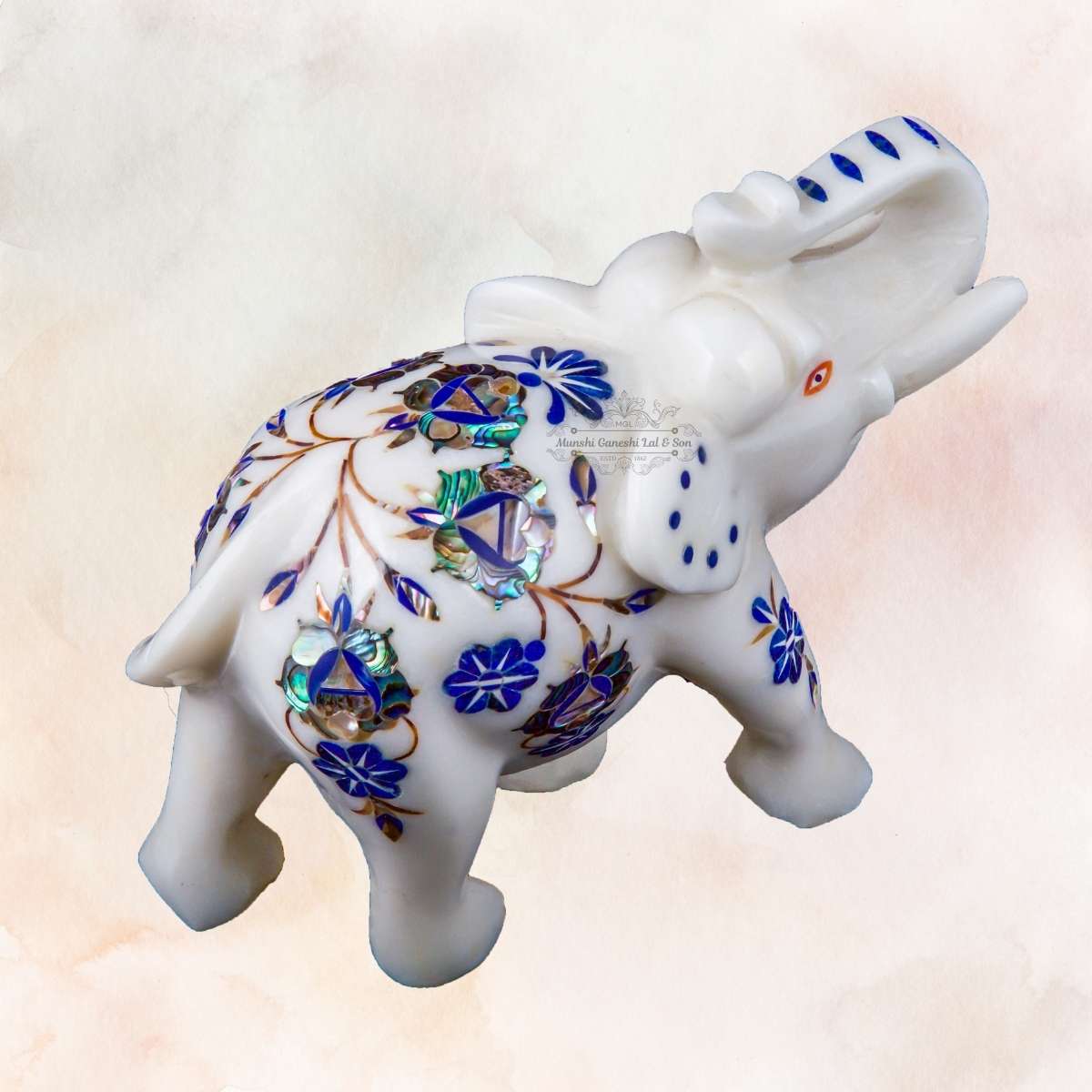 Blue & Green Flower with Golden Stems Designed Marble Elephant